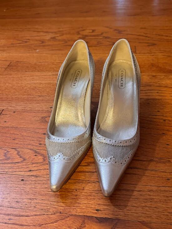 Coach Shoes - Coach Estefani Metallic Champagne Leather & Woven Linen Heel Pumps - Size 7.5 B